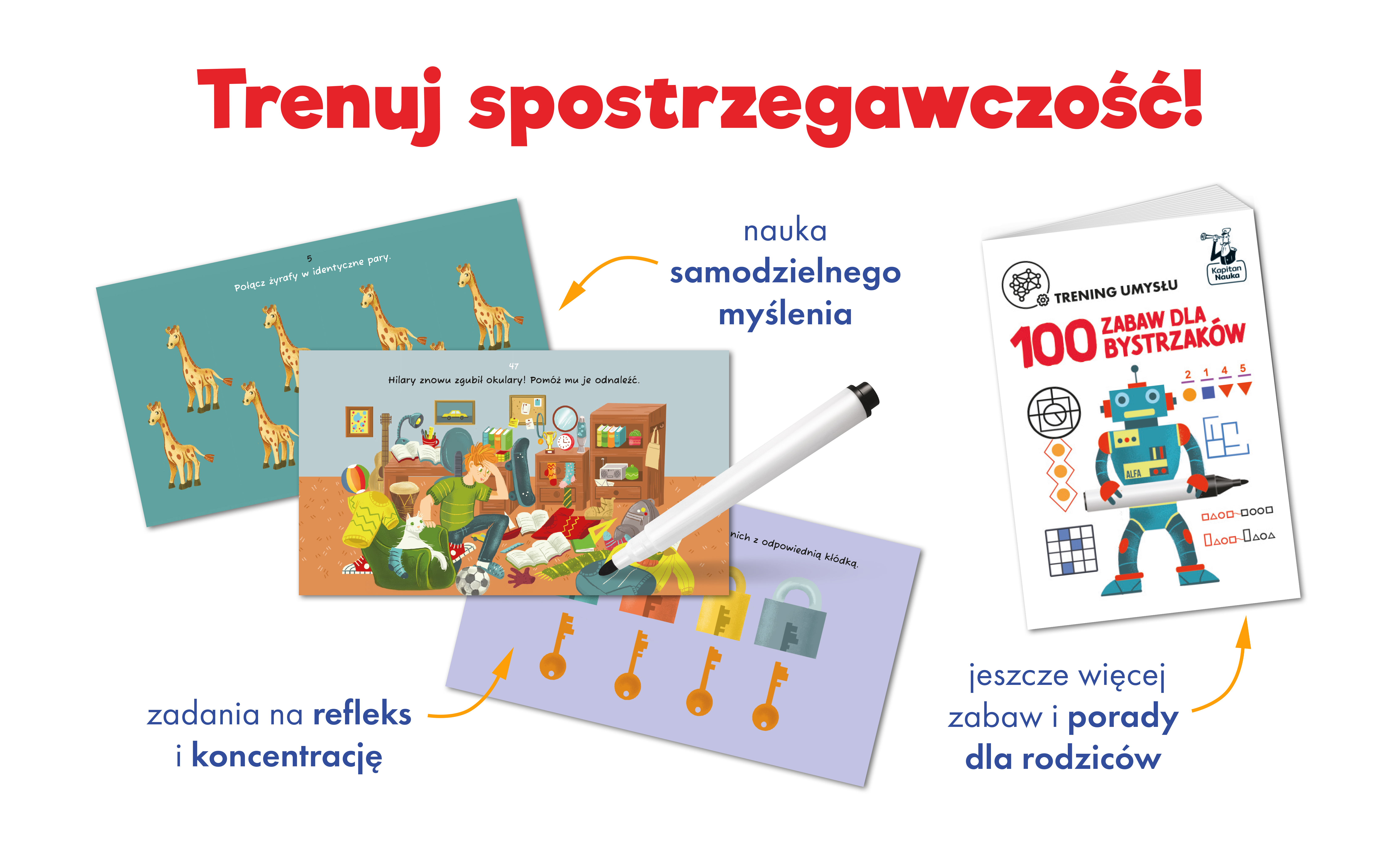 Środek zestawu edukacyjnego 100 zabaw dla bystrzaków. Trening umysłu marki Kapitan Nauka